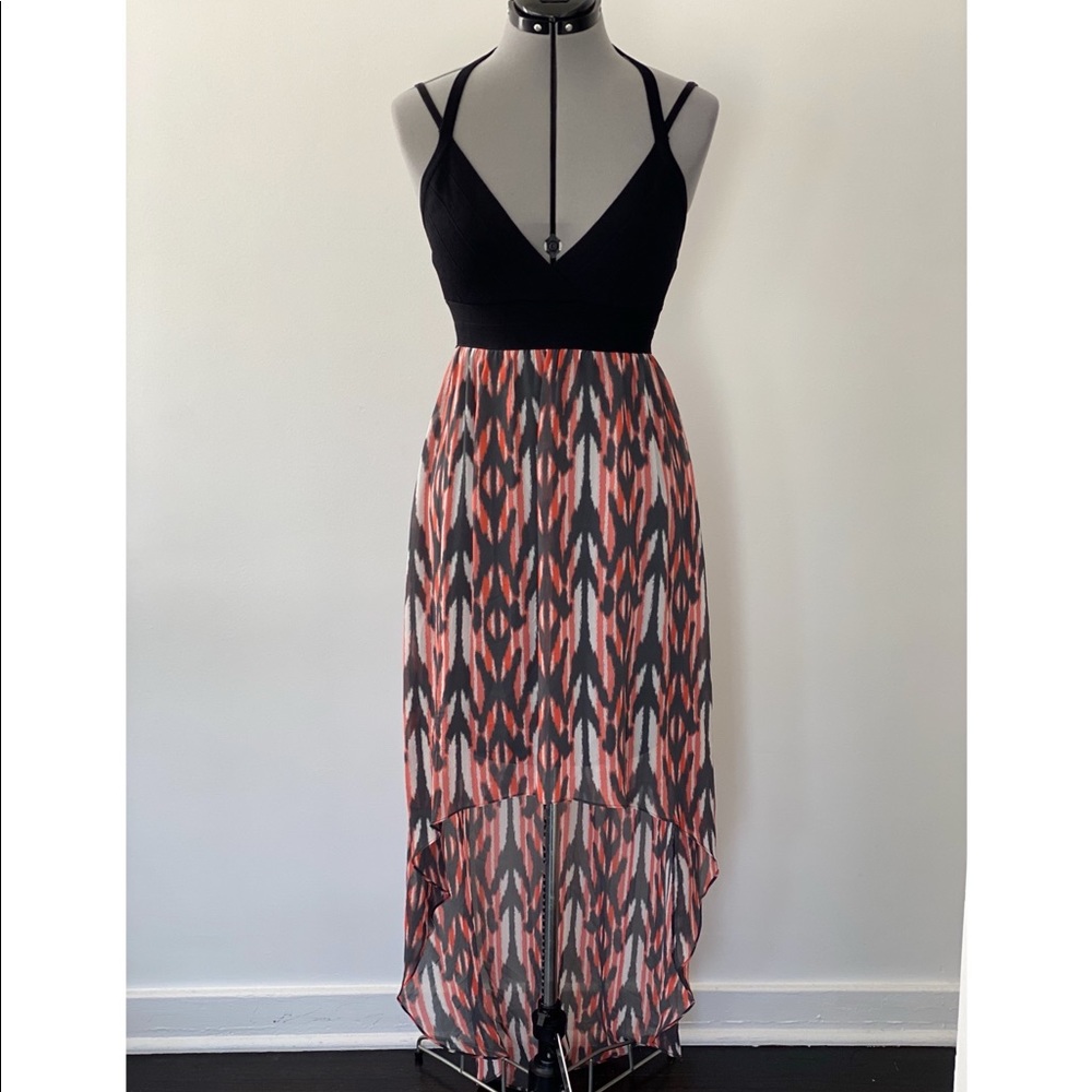 Guess - high/low strappy dress - black top with multi colored skirt -size Medium